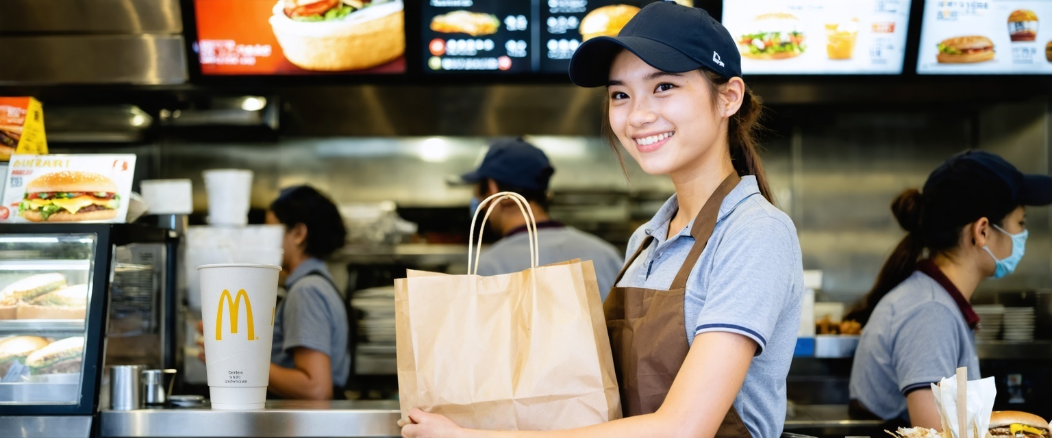 A smiling crew member holding a takeaway bag at the counter of a quick-service restaurant