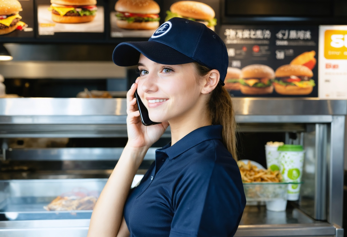 A restaurant crew member in a cap and uniform talking on her mobile phone